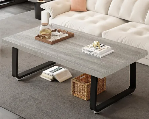 Vista 15 de HSH Mesa de café negra moderna, mesa de centro de madera rústica y metal, mesas de café sencillas de estilo granja para sala de estar, mesa de té
