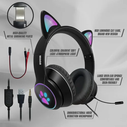Vista 3 de Auriculares con cable AUX de 0.138 in para juegos con orejas de gato, con luz LED, para adultos y niños, niñas, niños, auriculares estéreo plegables