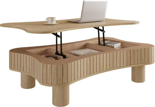 Vista 8 de Mesa auxiliar elevable con almacenamiento, moderna mesa central de 42 pulgadas con tres paneles de almacenamiento ocultos y estriados, elevación