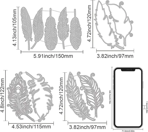 Vista 3 de INFUNLY 11 piezas de troqueles de plumas de metal, troqueles para hacer tarjetas, plantillas de plumas en capas, troqueles para relieve para álbum