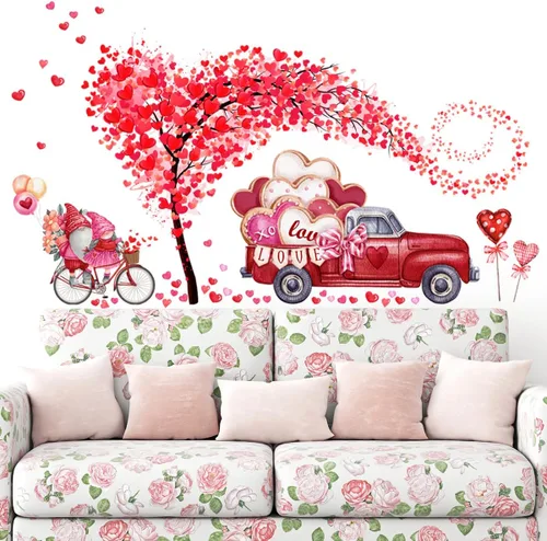 Vista 4 de Calcomanías de pared para el día de San Valentín, 2 hojas de calcomanías de pared de árbol de corazón, gnomo rojo, calcomanías de pared extraíbles