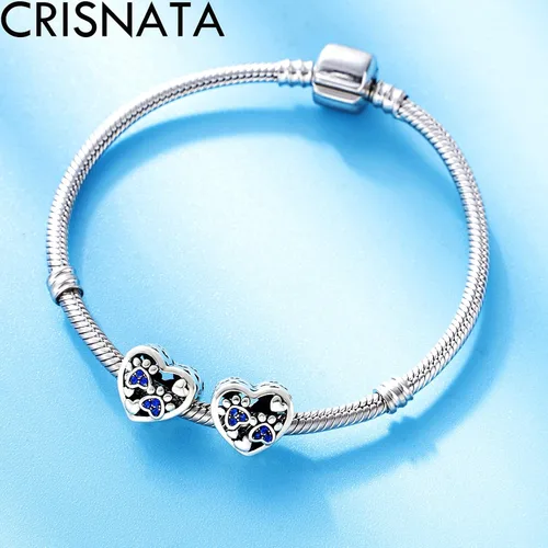 Vista 3 de Dijes con estampado de patas de cachorro con cristal Brithstone, plata de ley 925, cuentas de corazón con estampado de patas, se adapta a collar