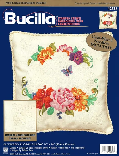 Vista 2 de Bucilla - Almohada Floral Mariposa - Bordado de Crewel Estampado con Kit Candlewick 42638
