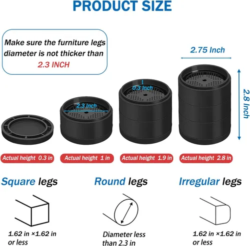 Vista 2 de ANNKUT Furniture Risers 1 Inch, Round Bed Risers Heavy Duty, 12 Pack Black Provides 1 inch elevation for chair, table, couch, and desk. Supporting