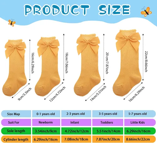 Vista 7 de 9 pares de calcetines hasta la rodilla para bebé con lazo de punto para niña, calcetines largos de tubo de algodón para bebé recién nacido, 9