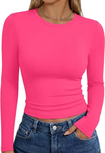 Vista 21 de Trendy Queen Camisetas de manga larga para mujer, camisetas básicas de Verde militar