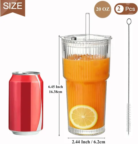 Vista 2 de Vaso de vidrio acanalado de 20 onzas, tazas de café helado con tapas y pajitas, vaso grueso reutilizable para llevar, ideal para café, batidos
