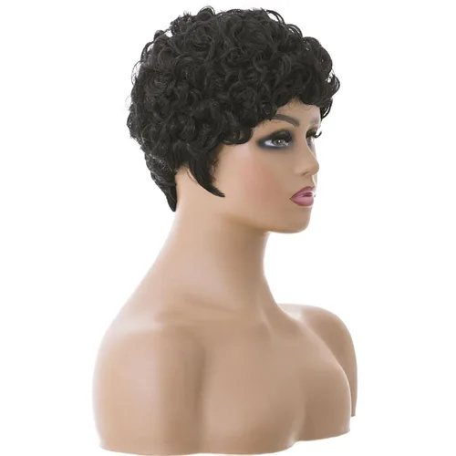 Vista 4 de MOONSHOW Pelucas cortas de corte Pixie para mujeres negras, pelucas cortas Pixie negras naturales para mujeres negras, peluca sintética rizada