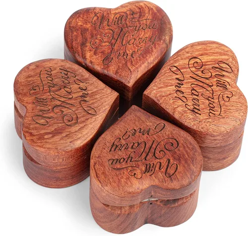 Vista 6 de MONYCraft Caja de anillo con forma de corazón Caja de madera hecha a mano para propuesta, caja de anillo de compromiso de madera, caja de anillo
