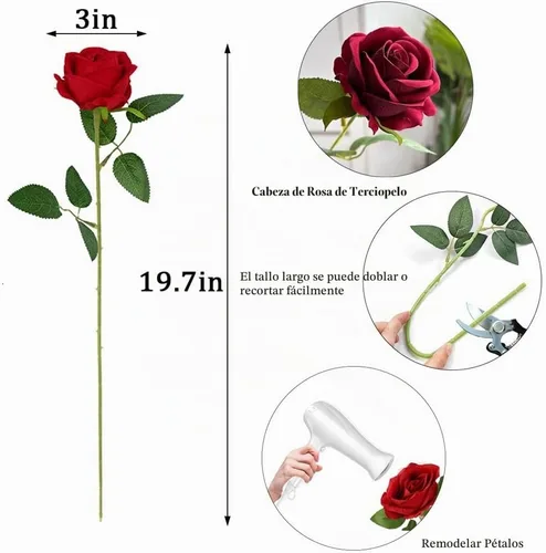 Vista 2 de Rosas artificiales, 50 unidades, flores de seda de terciopelo