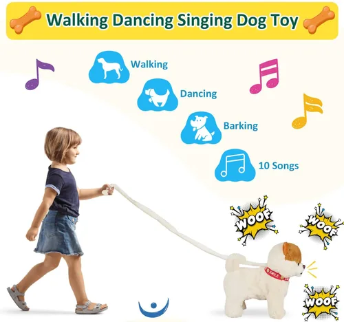 Vista 2 de Marsjoy Juguete de perro musical que camina y baila con correa - Animal de peluche interactivo para niños y niñas Pomerania