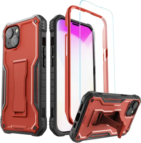 Vista 8 de ExoGuard Funda para iPhone 14, funda de goma a prueba de golpes de cuerpo completo viene con un protector de pantalla de vidrio templado y soporte