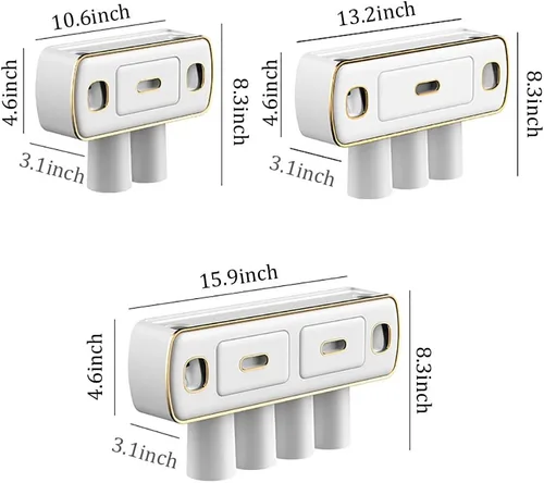 Vista 8 de Soporte para cepillos de dientes montado en la pared para baño y baño, kit de exprimidor de pasta de dientes doble automático, kit de exprimidor