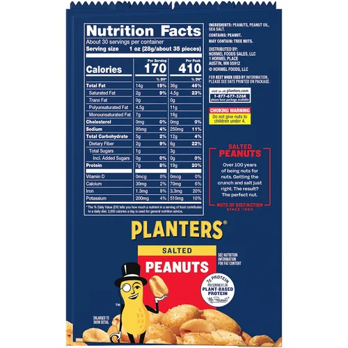 Vista 2 de PLANTERS Cacahuetes salados, 2.5 onzas, paquete de 15, nueces de aperitivo