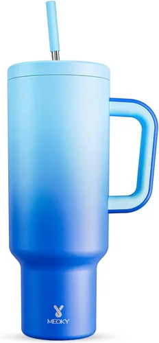 Vista 37 de Meoky - Vaso de 30 oz con asa, tapa y pajilla, taza de viaje térmica de acero inoxidable 100% a prueba de fugas, para portavasos, mantiene el frío