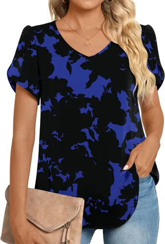 Vista 2 de HOTGIFT - Blusas de verano con volantes de gasa de manga corta para mujeres, camisetas sueltas y cómodas