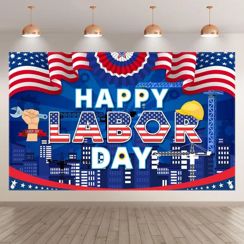 Vista 2 de Fondo de fotografía de 72 x 43 pulgadas con texto en inglés «Happy Labor Day Photografy», banderas americanas, estrellas, rayas, fondo, trabajador