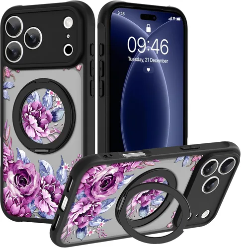 Vista 93 de OOK Funda magnética para iPhone 13 Pro Max [compatible con MagSafe] Funda delgada translúcida mate con flor silvestre negra, protección para lente