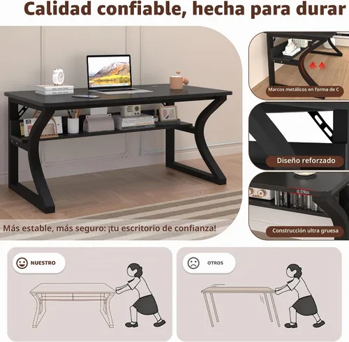 Vista 4 de StarGraph Escritorio para computadora, 47 y 55 pulgadas, parte superior de MDF con patas de metal en forma de U, estilo moderno, rectangular