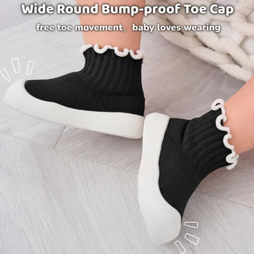 Vista 5 de Zapatos de calcetín para bebé niña, con volantes, antideslizantes, suela de goma suave, ligeros, transpirables, zapatos descalzos
