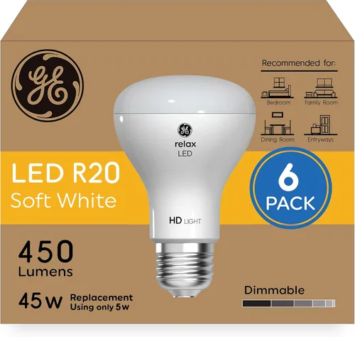 Vista 5 de GE Relax - Paquete de 2 bombillas LED R20, equivalentes a 45 W, regulables, color blanco suave