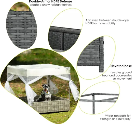 Vista 3 de Casa de mimbre para perros de 36 pulgadas, para interiores y exteriores, con toldo, resistente a la intemperie, cama de refugio para perros