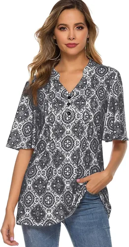 Vista 2 de HOCOSIT - Camiseta de manga corta con olanes y cuello en V con estampado de flores, plisada y abotonada, para mujer