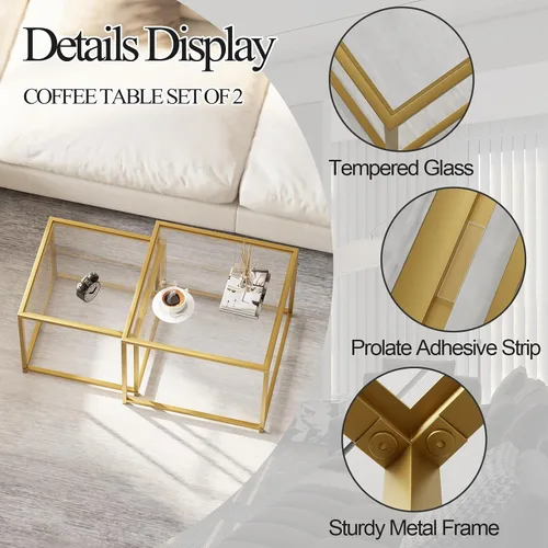 Vista 4 de Mesa de centro de cristal moderna para sala de estar, juego de 2 mesas anidables minimalistas para sala de estar, tapa de vidrio templado con marco