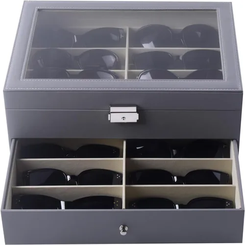 Vista 7 de AUTOARK AW-165 - Organizador de cuero para guardar lentes de sol y lentes de sol, 16 piezas, color gris