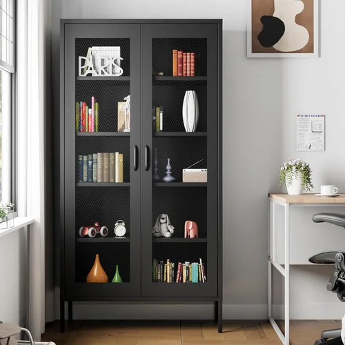 Vista 94 de Gabinete de almacenamiento de metal ancho negro, gabinete de acento de 2 puertas para el hogar y la oficina, gabinete de metal bajo de 2 niveles