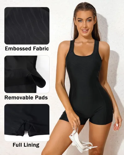 Vista 111 de beautyin - Traje de baño para mujer, traje de baño aeróbico y de competición de una pieza, estilo pantalón corto