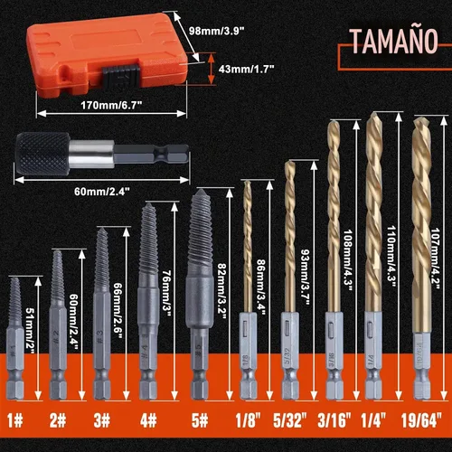 Vista 4 de Juego de 11 extractores de tornillos fáciles de sacar, kit de broca de mano izquierda con revestimiento de titanio y extractor de pernos