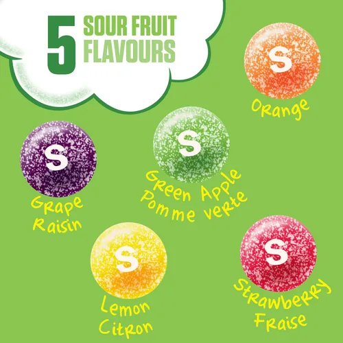 Vista 7 de Skittles Caramelo de fruta masticable Sours 1.80 oz x 24pk, sin gluten, sin gelatina, sabores agrios: lima, limón, naranja, fresa, uva