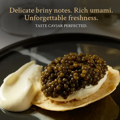 Vista 6 de PETRUSCO Royal Ossetra - Caviar negro de primera calidad, Huevas de pescado de esturión gourmet frescas en una lata de metal sellada, 1.06 oz