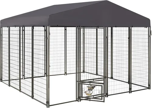 Vista 6 de MUPATER Perrera para perros al aire libre, 10 x 10 pies, casa grande para perros con techo y puerta con cerradura, recinto resistente para perros