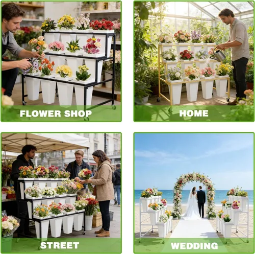Vista 9 de Soporte de exhibición de flores de metal de 3 niveles, carrito móvil resistente para plantas de flores con 12 cubos y ruedas con cerradura, estante