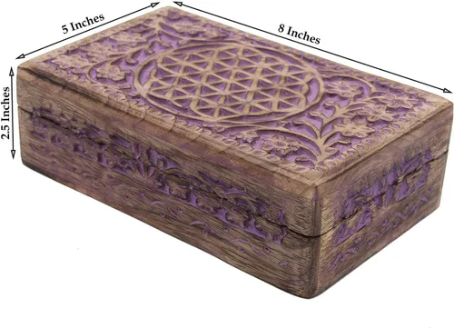 Vista 8 de DharmaObjects Caja de almacenamiento de madera tallada a mano con flores de la vida (morado, L)