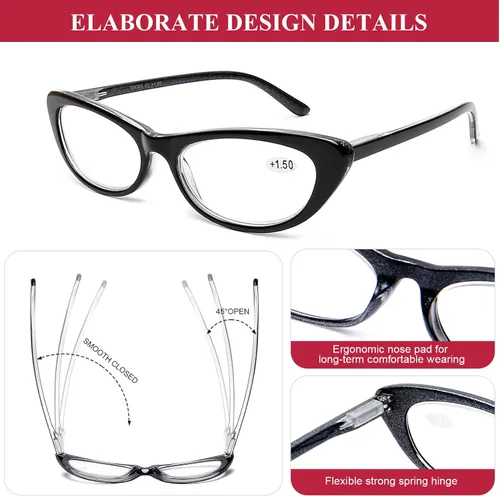 Vista 4 de AQWANO Cat Eye Reading Glasses Women - Blue light block Computer Readers Eyeglasses