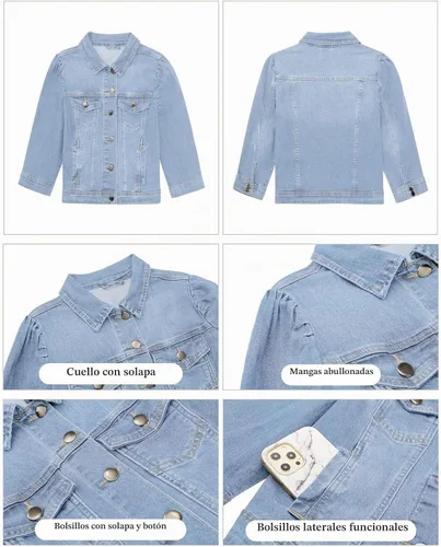 Vista 6 de Vetinee Chaqueta de mezclilla recortada para mujer, elástica, manga abombada 3/4, con bolsillos Azure Mood