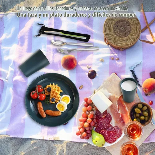 Vista 4 de Evanda Juego de cubiertos de camping, taza ligera reutilizable, plato y cubiertos de acero inoxidable con bolsa negra, apto para lavavajillas 1.1