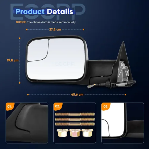 Vista 4 de ECCPP Par de espejos de remolque de repuesto plegable manual ajustable para 94-97 para Dodge para Ram 1500 2500 3500 camión