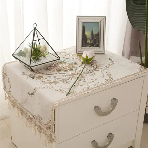 Vista 4 de Mantel de noche de estilo europeo, de jacquard, para tocadores y mesas auxiliares (color beige, borla)