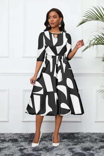 Vista 4 de CLOCOR Vestidos midi para mujer, casual, acampanado, vestido acampanado y acampanado, manga 34, cuello redondo, vestido de fiesta de cóctel