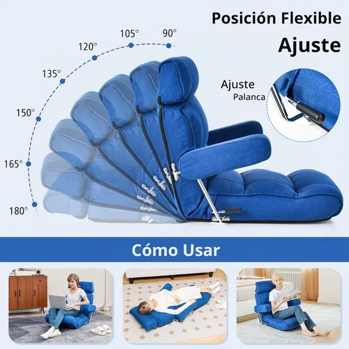 Vista 8 de GIANTEX - Silla plegable ajustable – Silla de suelo perezosa con respaldo infinitamente ajustable, reposabrazos y asiento extensibles, sofá