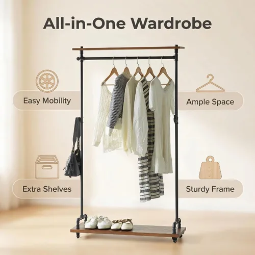 Vista 2 de Estante de ropa de tubería industrial, Perchero de madera, Estante de ropa rodante Iron Clothing Hanging Rod with Shelves, Wheels and Hangers