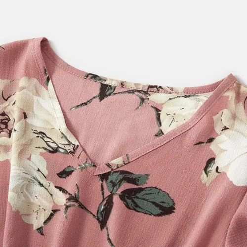 Vista 3 de Focamia Vestido de manga corta con volantes y cuello en V rosa para mamá y yo