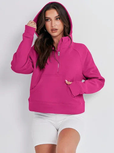 Vista 8 de ANRABESS Sudaderas con capucha corta con media cremallera para mujer, sudadera de forro polar con cremallera de un cuarto, ropa de invierno 2023