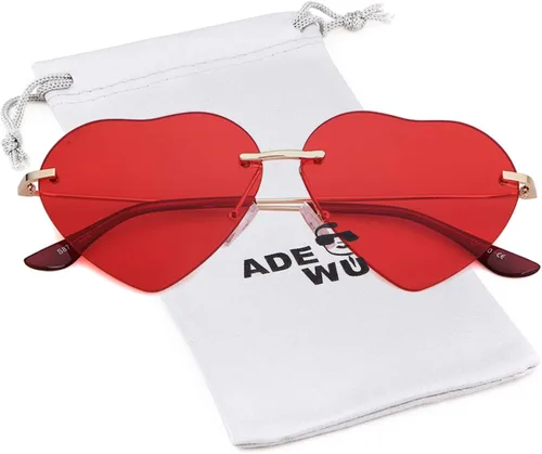 Vista 6 de ADE WU Heart Shaped Sunglasses Red Pink Blue Heart Glasses Rimless Trendy Colored Tinted Lens