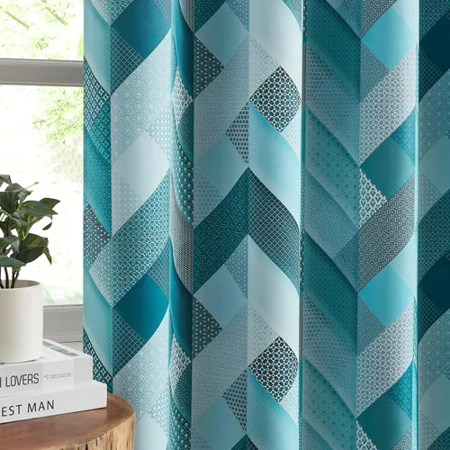 Vista 6 de Metro Parlor Cortinas opacas completas con estampado geométrico bohemio azul de 84 pulgadas para dormitorio, diseño de celosía cheurón