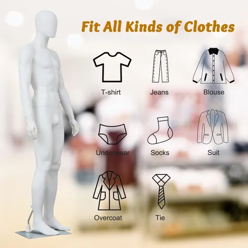 Vista 7 de Maniquí masculino de 6 pies con forma de cuerpo completo para vestido, soporte ajustable y posable, maniquí torso con base de metal, blanco